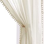 Sheer Linen-Look Curtains for Bedroom 90 Inch Drop Pencil Pleat Light Filtering Pom Pom Tassel Voile Window Curtain 2 Panels Super Soft Slub Textured Natural Draperies for Living Room, 52"wide