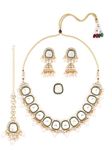 ZAVERI PEARLS Green Enamel Kundan & Pearls Bridal Necklace Earring Maangtikka & Ring Set For Women-ZPFK16757