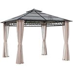 Outsunny 3 x 3 (m) Outdoor Polycarbonate Gazebo, Double Roof Hard Top Gazebo with Galvanised Steel Frame, Nettings & Curtains for Garden, Lawn, Patio and Deck, Khaki