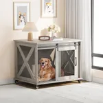 TROPOW 37" Dog Crate Furniture with Flip Top, Wooden Dog Cage Furniture with Sliding Barn Door, Wheels and Removable Divider, Furniture Style Corner Dog Crate Table, Dog Kennel for Large Dogs, Grey