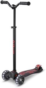 Micro Kickboard - Maxi Deluxe Pro LED Kick Scooter - Smooth-Gliding, 3-Wheeled, Light-Up Wheels, Lean-to-Steer Design with Fat, Stable Wheels and Chopper-Style Handlebars for Ages 5-12 (Black/Red)