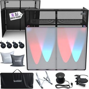 ILOGICASE XL 50x25in Portable DJ Booth Facade Table with White/Black Scrims | Controller and Audio Mixer Stand, With Wheels, Multiplug, Laptop Stand, Cable Organizer, Headphones Holder and Carry Bag