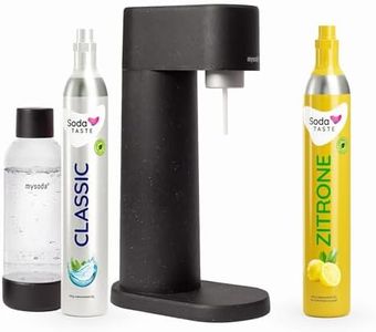 Sparpaket: Mysoda Woody - Wassersprudler aus erneuerbarem Holzkomposit mit 1L BPA-freier Plastikflasche, CO2-Zylinder Classic + CO2-Zylinder Zitrone (Schwarz)