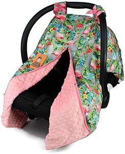 Dear Baby Gear Baby Car Seat Canopy, Tropical Flamingos Hibicus on Grey, Coral Minky