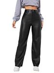 MakeMeChic Women's High Waist Pockets Straight Leg Jeans Leather Look Pants, Black, Medium