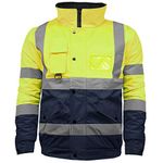 High Visibility Safety Security Reflective Protective Waterproof Workwear Bomber Jacket Fluorescent (S, Yellow/Navy)