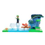 Super Mario Sparkling Waters Action Figures Playset Includes 2.5 Inch Luigi & Red Huckit Crab with Interactive Pieces