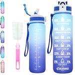 Water Bottles with Time Marking - Leakproof Reusable 32oz Motivational Water Bottle with Straw - BPA Free Daily Christmas Xmas Sports Gym Workout 1l Bottle for Running (Ombre-Navy Blue)