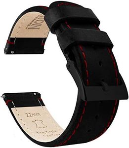 BARTON WATCH BANDS Quick Release Top Grain Leather Watch Band Strap, Black Leather/Red Stitching (Black Buckle), 20mm