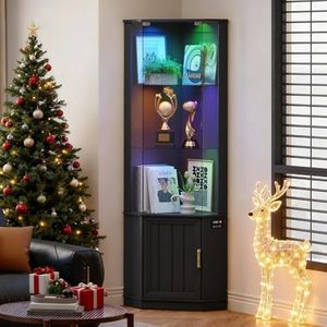 HNEBC 69" Tall Curio Display Cabinet with Glass Door and Movable Shelves,Corner Bookcase with LED Human Sensor Lights,5-Tier RGB Display Case for Collectibles,Bedroom Living Room