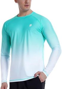 Roadbox Men's UPF 50+ Swim Rash Guard, Long Sleeve UV Sun Protection SPF Shirts, Quick Dry Lightweight Water T-Shirt for Diving Beach Surfing Fishing (Green White Gradient,S)