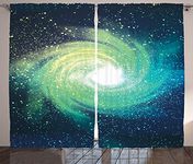 Ambesonne Galaxy Curtains, Outer Space Theme Image Spiral Galaxy Stardust Astromony Cosmos Milky Way Stars Print, Living Room Bedroom Window Drapes 2 Panel Set, 108" X 90", Teal Navy