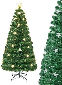 TANGZON 5FT/6FT Fiber Optic Christmas Tree, Pre-Lit Xmas Tree with 180/230 Branch Tips, 21/30 Warm White Star Lights, 8 Lighting Modes & Foldable Metal Stand, Artificial Pine Tree Holiday Decor (5FT)