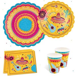 Mexican Fiesta Paper Plates Serves 16 Guests - Includes 16 Large Dinner Plates, 16 Dessert Plates, 16 Cups, and 16 Napkins | Perfect for Birthday, Taco Party, Cinco de Mayo and More