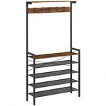 HOOBRO Coat Rack, Hall Tree, 5-Tier Freestanding Shoe Rack for entryway, Shoe Storage with 5 Hooks, for 12-16 Pairs, Coat Tree with Top Shelf, Industrial, Hallway, Rustic Brown and Black BF74MT01