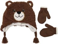 Toddler Winter Hat and Mittens for Boys & Girls Ages 2-4 Years Old or Fleece Lined Hat & Kids Gloves Set for 4-7 + Chin Strap, Bear/Brown, 2-4T