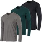 Real Essentials 3 Pack Mens Cotton Long Sleeve Henley T-Shirt Placket Casual Workwear Fashion Shirts Relaxed Fit Soft Lounge Active Athletic Workout Dry Fit Baseball Sleep Winter-Set 2, L