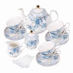 fanquare 21 Pieces Blue Floral Porcelain Tea Set Service with Spoons,Teapot,British Royal Tea Cup and Saucer Set of 6