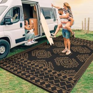 GarveeHome Outdoor Rug 8 x 10 Large Geometric Plastic Straw Rug, Waterproof Reversible Woven Carpet, UV-Resistant Camping Rug, Outside Patio Rug for Picnic, Balcony, Deck, Backyard, Black Brown
