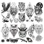 LAROI 10 Sheets Big Lion Tiger Temporary Tattoo Adults Men Geometric Bear Owl Moth Women Large Arm Death Skull Waterproof Fake Black Sketch Tattoo Stickers Armband Eagle Animal Rifle Totem Tatoos