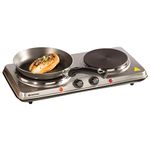 Daewoo SDA1732 Double Electric Hot Plate For Cooking, Compact And Portable, Durable Cast Iron Heating Element, Stainless Steel Design With Non Slip Feet, Silver