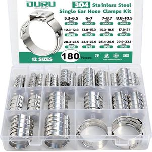 OURU 180Pcs Single Ear Hose Clamps, 12 Sizes 5.3-33.1mm 304 Stainless Steel Ear Clamps, Stepless Adjustable Cinch Clamps for Automotive, Pipe, Plumbing
