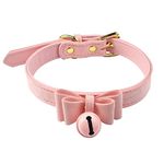 Nydotd Pink Bell Choker Adjustable Collar Necklace Lolita Bow Collar Velvet Cat Cosplay Kitty PU Leather Choker with Bell