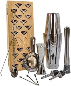 Boston Cocktail Shaker Set 12pc - Gunmetal Black Stainless Steel Cocktail Shaker Tins, Hawthorne Strainer, Muddler, Jigger, Bar Spoon, Ice Tongs, Pourers, Picks & Pouch in Bamboo Gift Box