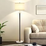 Floor Lamp for Living Room Adjustable Tall Standing Lamp, 3-Way Dimmable Floor Lamp for Bedroom Office, Black Gold Lamp with Marble Base and White Linen Shade, 6W 3000K LED Blub Included