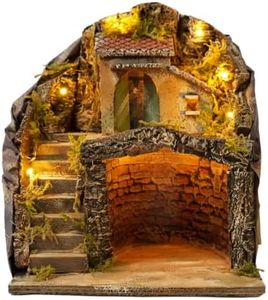 Mondo in Casa Presepe Completo Illuminato Natalizio con capanna e Grotta per statuine Artigianali, Completo di luci LED Calda.
