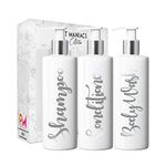 Print Maniacs 3 Set Mrs Hinch Inspired White Personalised Dispenser Pump Bottles Shampoo Conditioner Body Wash (Matt Silver)