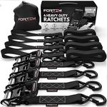 FORTEM Ratchet Tie Down Straps, 2362kg Break Strength, (4) 3.04 Meter Heavy Duty Straps, (4) Soft Loops, Rubber Coated Metal Handles, Plastic Coated Metal Hooks, Carrying Bag (Black)