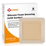 Carbou 5Pcs Silicone Foam Dressing 6" x 6" (15cmx15cm) - Square Wound Care Dressing with Border Adhesive Waterproof Central Ultra Absorbent-Foam(4.3" X 4.3") Waterproof Silicone Wound Bandage