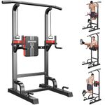 pooboo Power Tower Dip Station – Multifunctional Adjustable Height Fitness Equipment for Home Gym, Pull Up Bar Tower Dip Station with Strong Elastic Bands, for Family Use (Black)