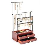 ProCase Jewelry Holder Organizer Stand, 5 Tiers Height Adjustable Necklace Holder Wood Jewelry Box with 2 Drawers, Jewelery Tower Earring Storage Rack for Necklaces Earrings Bracelets Rings- Black