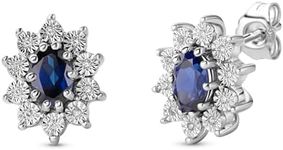 Miore Diamond and blue Sapphire stud earrings cluster setting in 925 Sterling Silver 13 x 10 mm handmade, skin friendly, gift box included