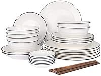 30 Pieces Dinnerware Set, Ceramic Kitchen Dinner Set Service for 6 People, Round Crockery with Bowls, Dinner Plates,Side Plates, Dip Bowls, Chopsticks (White)