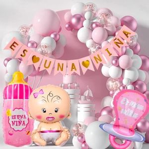 Decoración Baby Shower Niña Español - Arco de Globos Rosa Pancarta Castellano - Revelación de género Gender Reveral (BS Niña)
