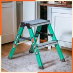 Prime 2steps Alligator Pattern Powder-Coated Finish Foldable Aluminium Twin Step Stool Ladder for Home & Office Use | Made in India | 5 Years Warranty | Anti-Skid Serrated Steps (Emerald Green)