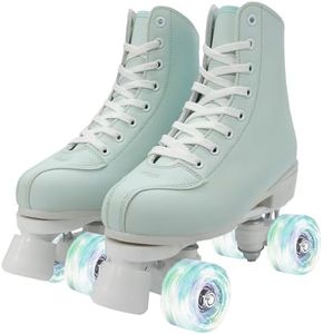 XUDREZ Women Roller Skates Girls Roller Derby Skates Adult Skates Shoes Mint Green Four-Wheel RollerSkates for Beginner Outdoor Indoor (Green and white white flash heel,42)