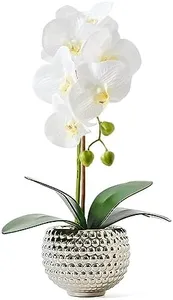 Hisow Fake Flowers with Vase, Large Orchids Artificial Flowers in Silver Pot Fake Orchid Fake Plant in Pots Artificial Flowers for Home Decor Indoor Table Centerpiece Bathroom Decoration