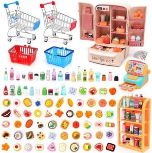 138 PCs Mini Shopping Cart Basket Miniature Food Drink Bottle Supermarket Metal Handcart Toy Doll House Store Dollhouse Grocery Trolley Model Dollar Bills Small Shelves Mimi Refrigerator Cash Register