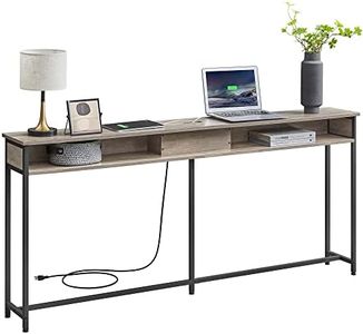 VASAGLE 70 Inch Console Table with Outlet and Shelves, Sofa Table with Hidden Charging Station, Behind Couch Table Skinny, Long Entryway Table for Hallway, Living Room, Greige and Black