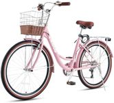 Viribus Womens Bike, 7 Speed Bike for Adults Women with Ratten Basket 24 inch, Beach Cruiser Bike for Women, Womens Bicycle for Commuting, Female Step Through City Bike for Women Adults Ladies Pink