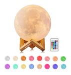 EXTSUD Full Moon Lamp, LED Lunar Night Light Remote Control Table Lamp Dimmable Brightness 16 Main Colors, 4 Light Conversion Modes with USB Charging Moonlight Gift with Wooden Holder (15 CM)