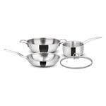 Orange Triply Stainless Steel Cookware 4 Pc Combo Set | 1Pc Deep Kadai(24cm/3Ltr), 1Pc Fry Pan(22cm/1.5Ltr), 1Pc Sauce Pan((14cm/1.8ltr) with 1Pc Sturdy Glass Lid | Induction Friendly | Silver