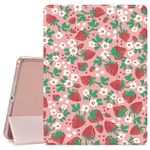 JOYLAND QISHANG Cute Strawberry Printed Case for 10.2" iPad 2019/2020/2021, Pencil Holder & Clear Transparent Soft TPU Back & Trifold Smart Pad Pink Case for iPad 7th/8th/9th Generation