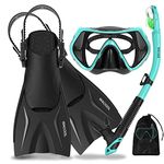 WACOOL Adults Child Teens Snorkeling Snorkel Scuba Diving Package Set Gear with Adjustable Short Swim Fins Anti-Fog Coated Glass Silicon Mouth Piece Purge Valve (Malachite Green/S-M)