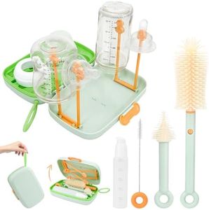 7 in 1 Travel Bottle Cleaner Kit with Bottle Drying Rack, 360° Clean Bottle Brush, Nipple Brush, Straw Cleaning Brush, Drainer Tray，Soap Dispenser and Storage Box, a Must-Have for Baby's Home Travels