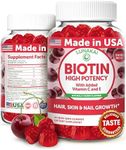 Lunakai USA Made High Potency Biotin Gummies 5000mcg - Delicious Hair Skin and Nails Vitamins with Vitamin C & E - Non-GMO, Cherry Flavor, 60 Count